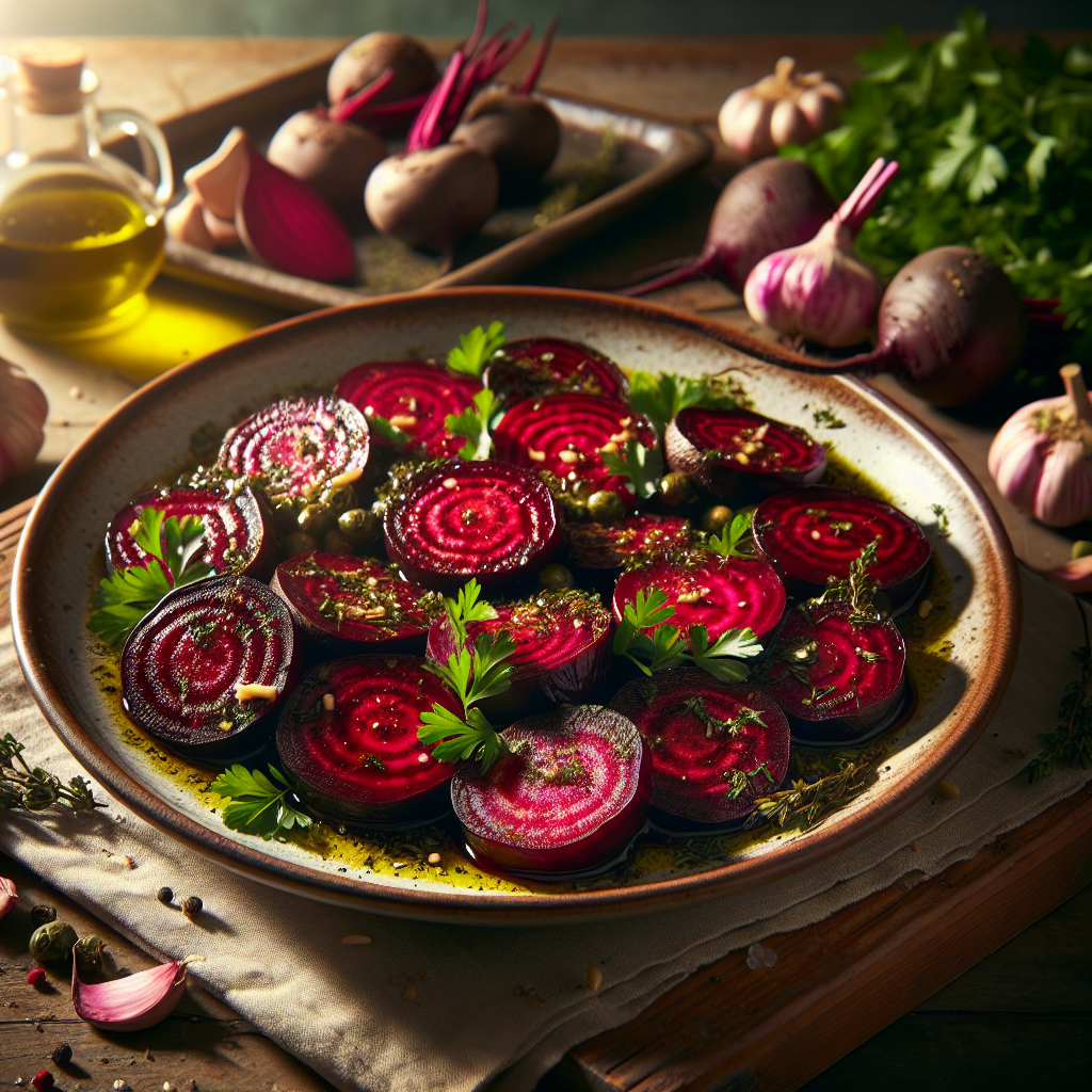 Image de Betteraves rouges rôties au four avec herbes fraîches