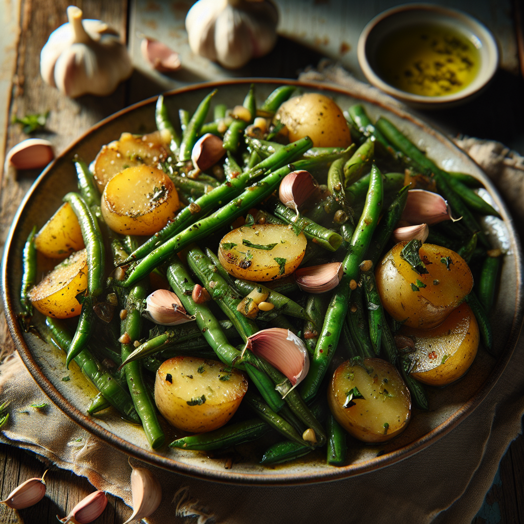 Image de Haricots verts et pommes de terre sautées à l'ail