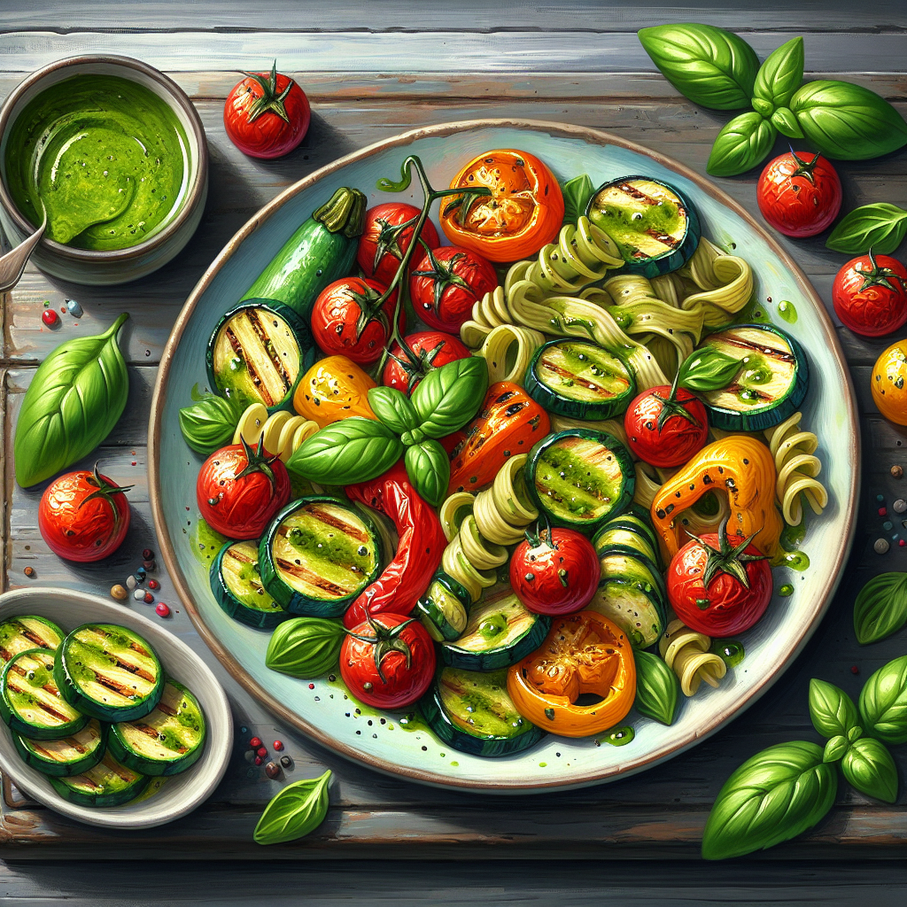 Image de Poêlée de légumes grillés aux pâtes et pesto