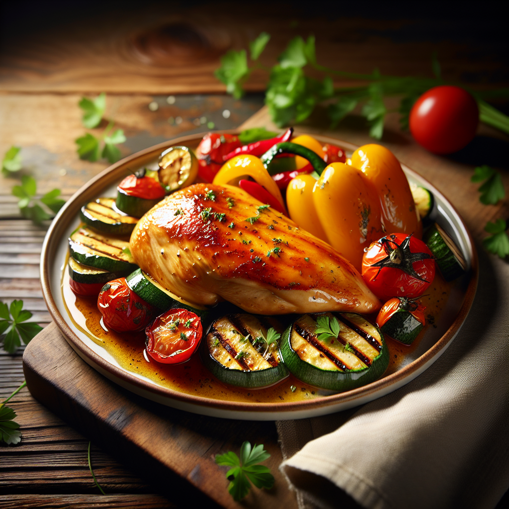 Image de Poulet au piment doux et légumes grillés