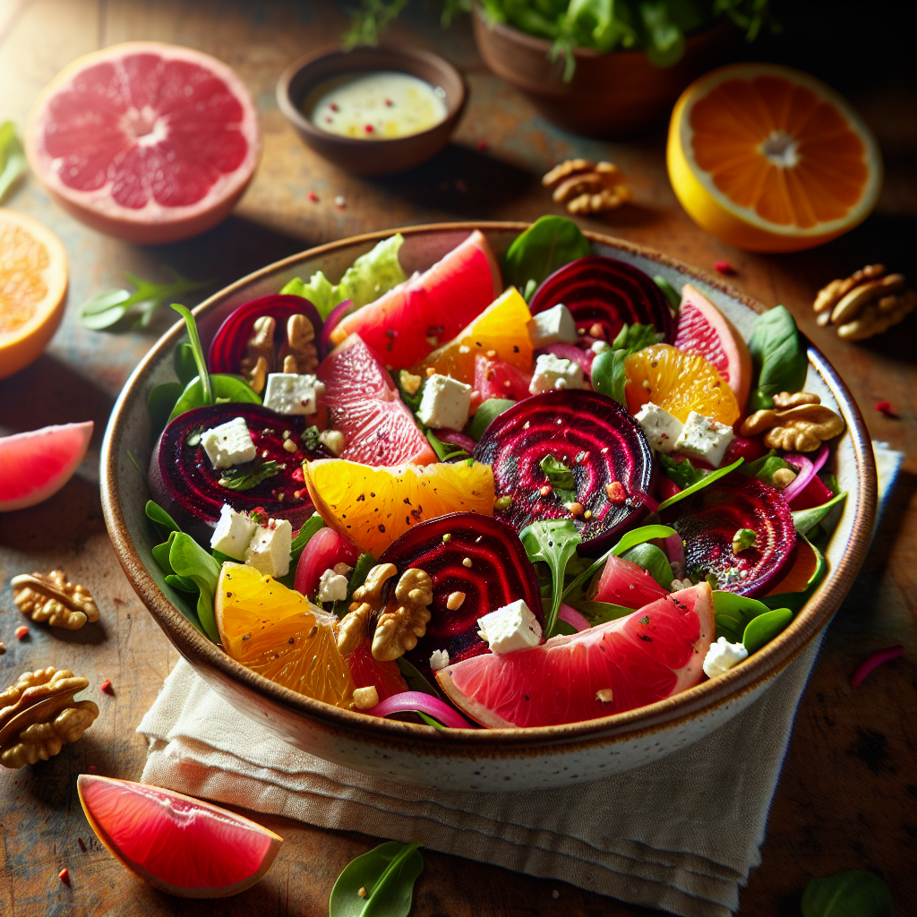 Image de Salade de betteraves rouges et d'agrumes avec feta et noix