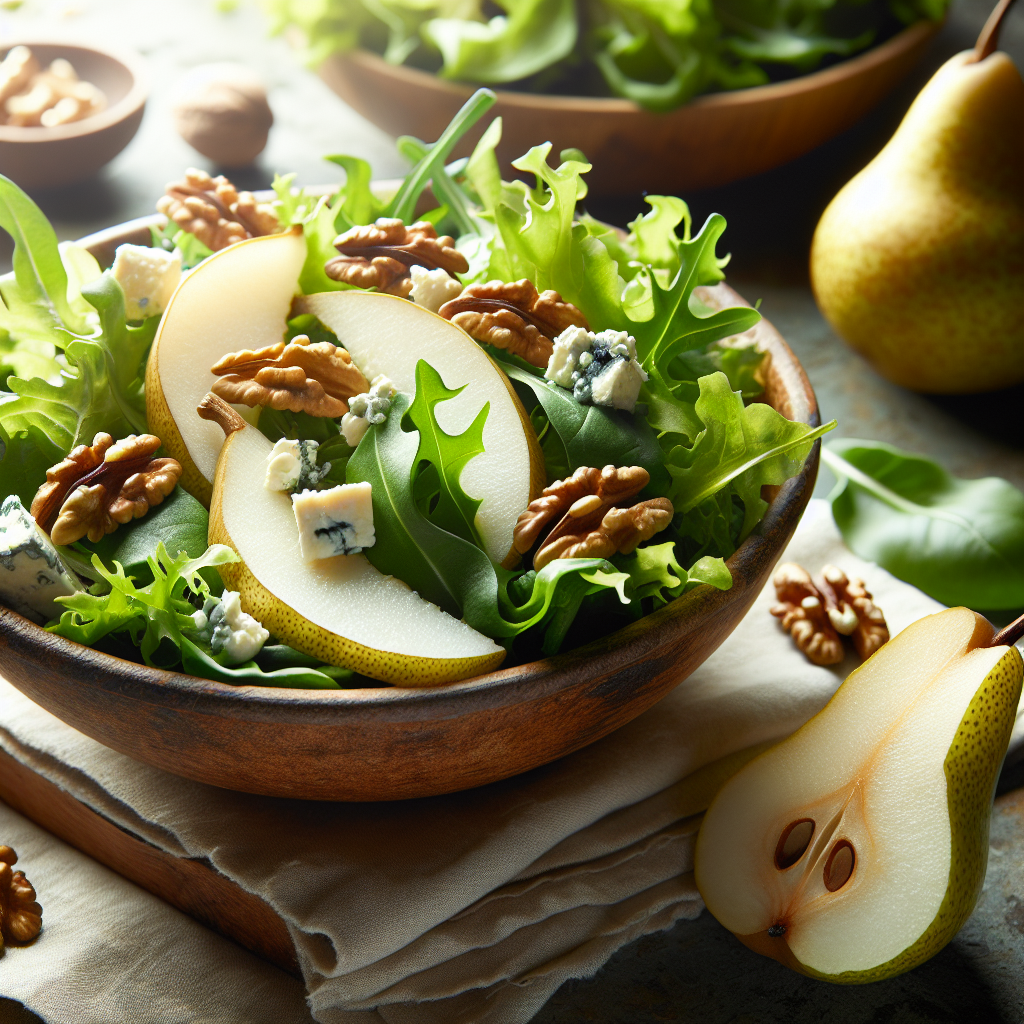 Image de salade de jeunes pousses avec poires, noix et fromage bleu