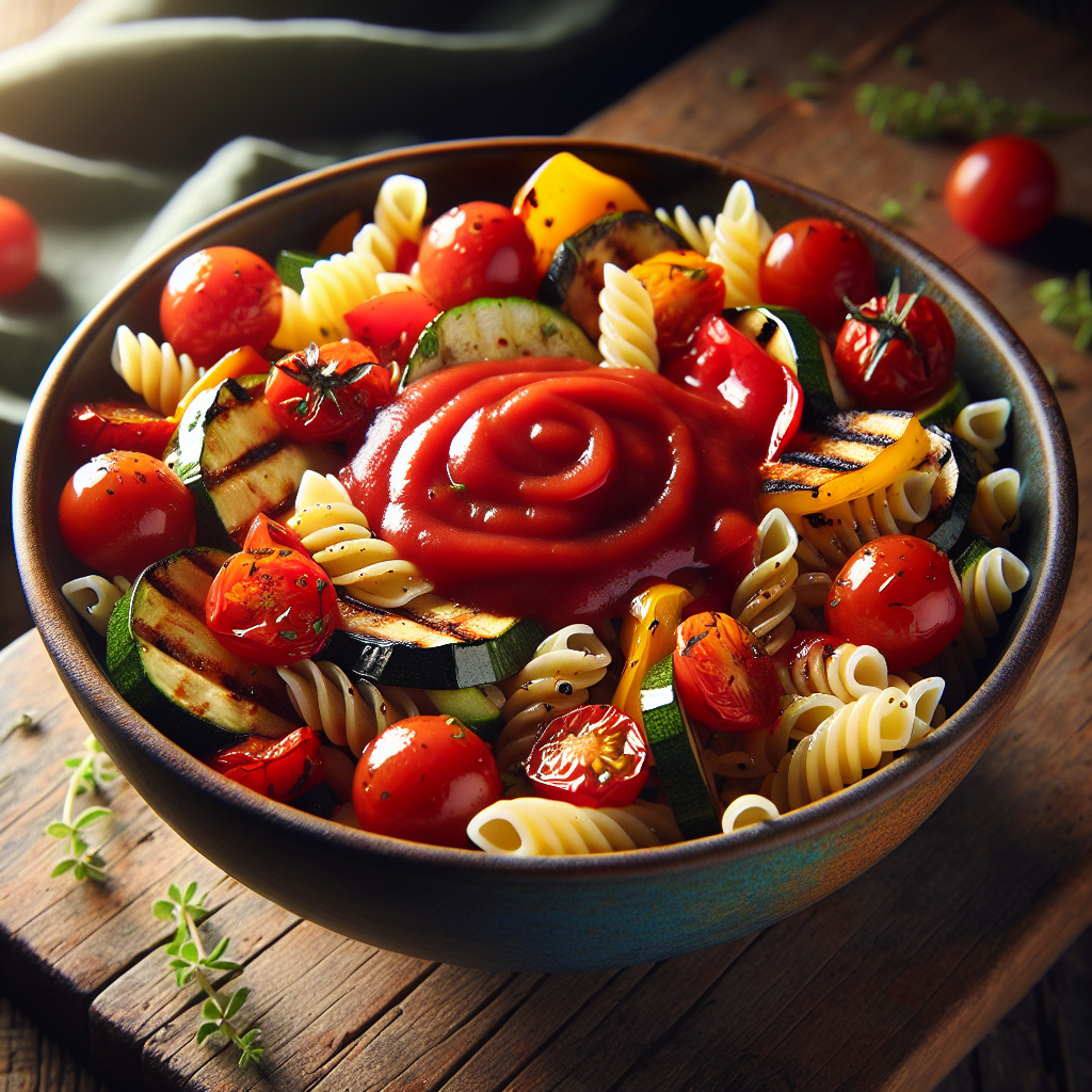 Image de salade de pâtes au ketchup et légumes grillés