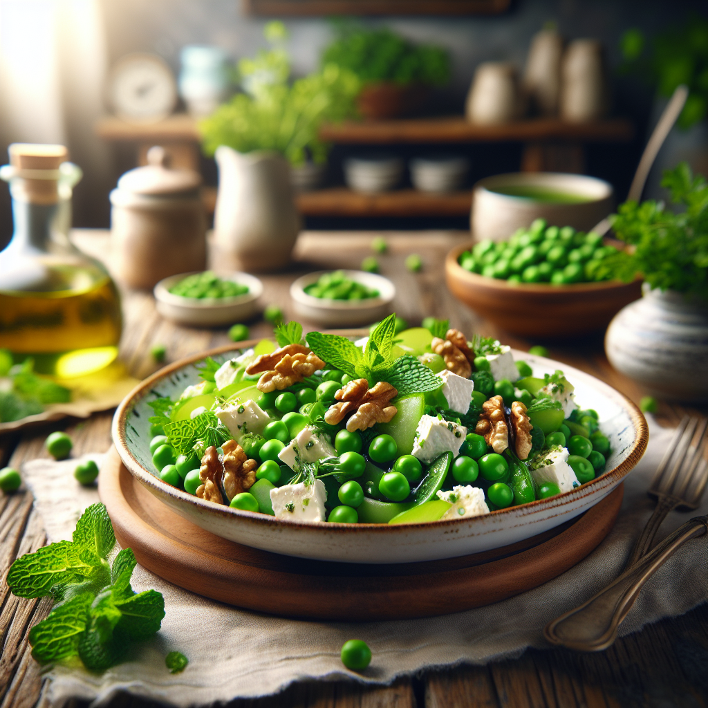 Image de Salade de petits pois au chèvre et aux noix