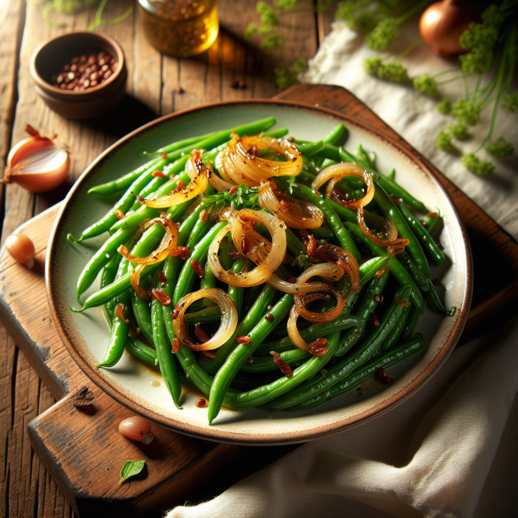 Image de Salade tiède de haricots verts aux échalotes caramélisées